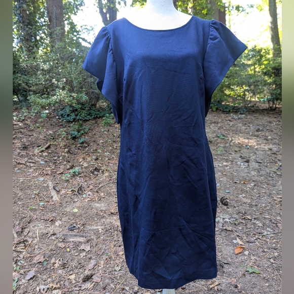 Trina Turk Dresses & Skirts - Trina Turk Navy Blue Ruffled Sleeve Sheath Dress Size 12
